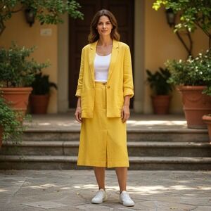 Liz Claiborne Vintage 100% Linen Skirt Suit Set Yellow Large 12P Made in USA